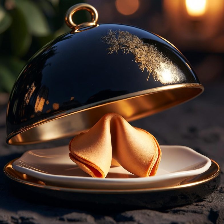 Ein geöffneter Deckel mit einer Glückskeks auf einem Teller im sanften Licht.